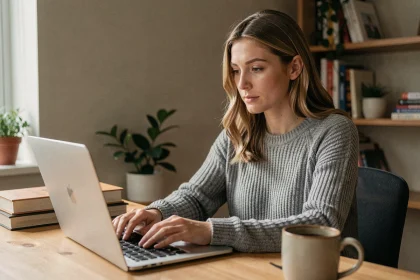 Femme cherchant un site alternatif sécurisé sur son ordinateur portable dans un bureau à domicile