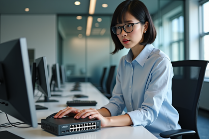 Jeune femme examine un switch et un hub en bureau moderne
