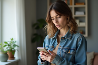 Femme en denim regardant son smartphone dans un intérieur