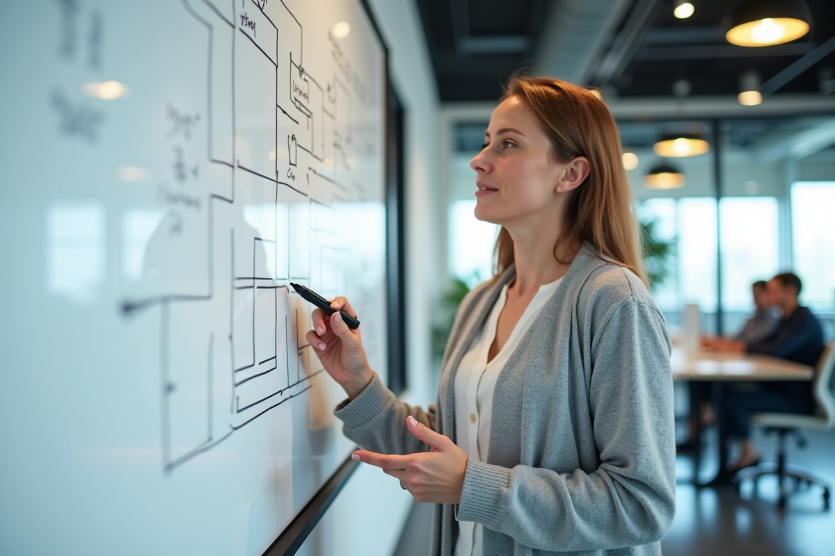 Femme en cardigan explique la structure d un site web devant un tableau blanc