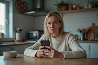 Femme inquiète regardant son smartphone dans la cuisine