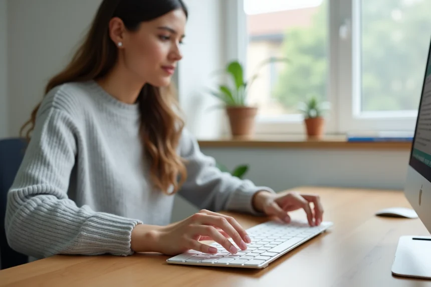 Femme utilisant la touche Shift sur un clavier Mac Apple dans un bureau à domicile