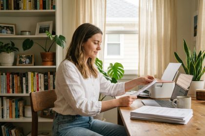 Jeune femme au bureau utilisant une imprimante à domicile