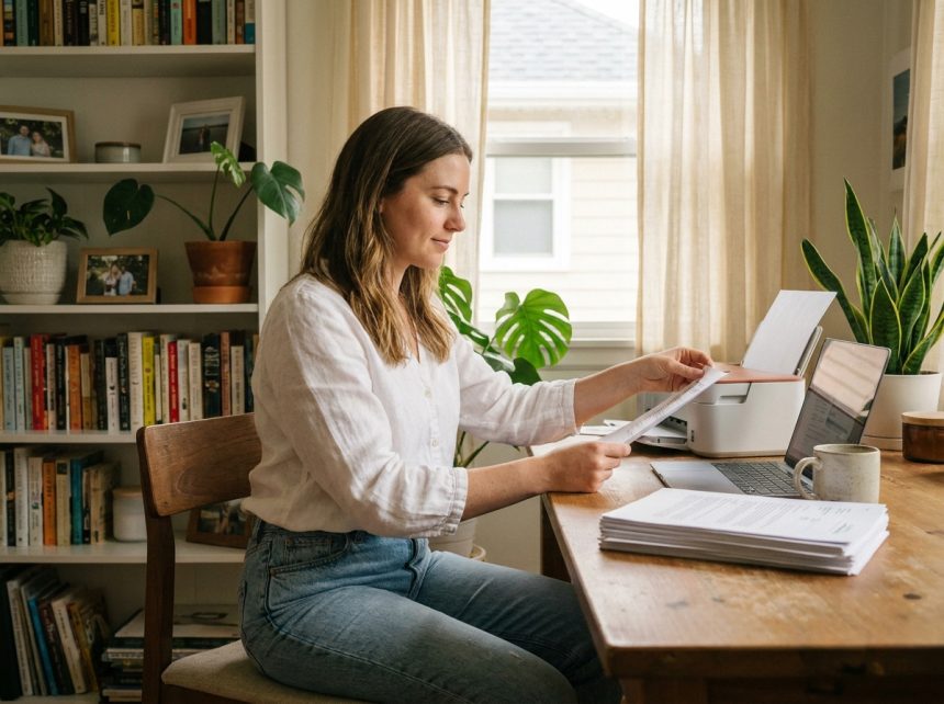 Jeune femme au bureau utilisant une imprimante à domicile