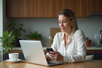 Femme d'âge moyen travaillant à la maison avec son ordinateur