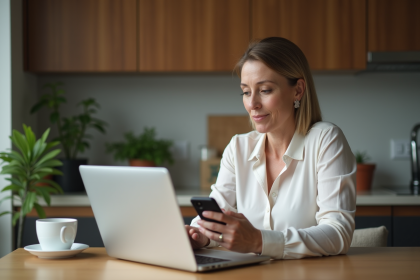 Femme d'âge moyen travaillant à la maison avec son ordinateur