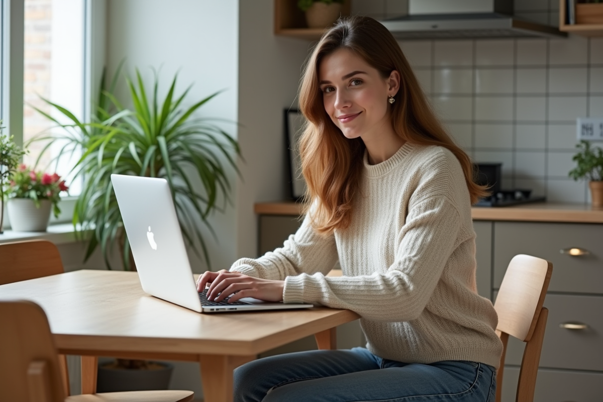 Jeune femme travaillant sur un ordinateur dans une cuisine lumineuse