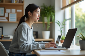 Jeune femme en bureau à domicile suivant une formation SEO