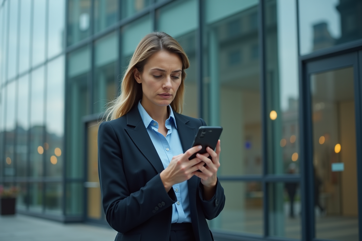 Femme d affaires regardant son smartphone devant un immeuble