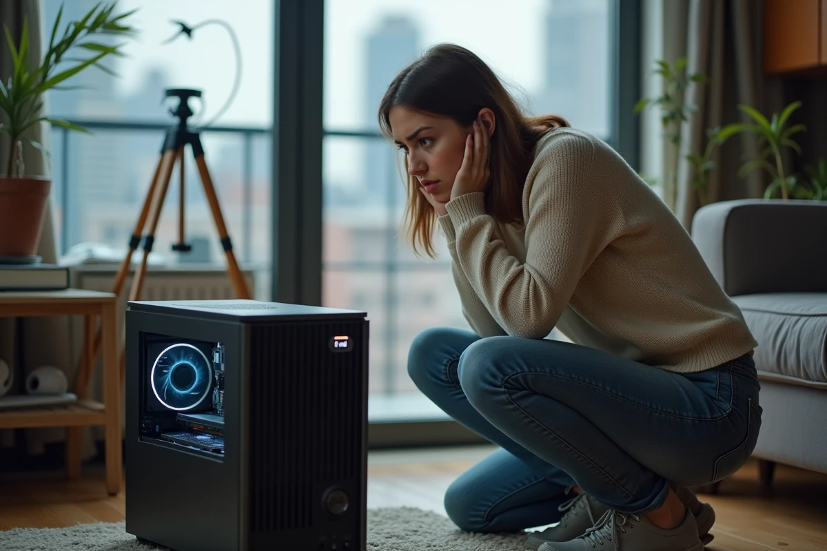 Femme regardant son ordinateur avec inqui&eacute;tude dans le salon