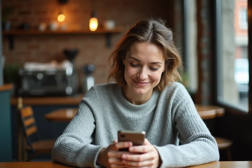 Femme consultant son webmail IONOS sur smartphone dans un café parisien