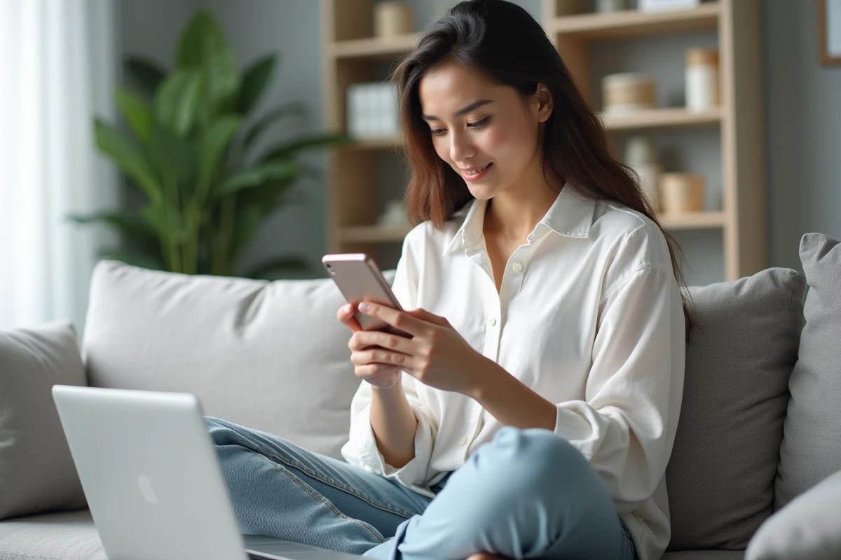 Femme accédant au webmail IONOS depuis son téléphone à domicile