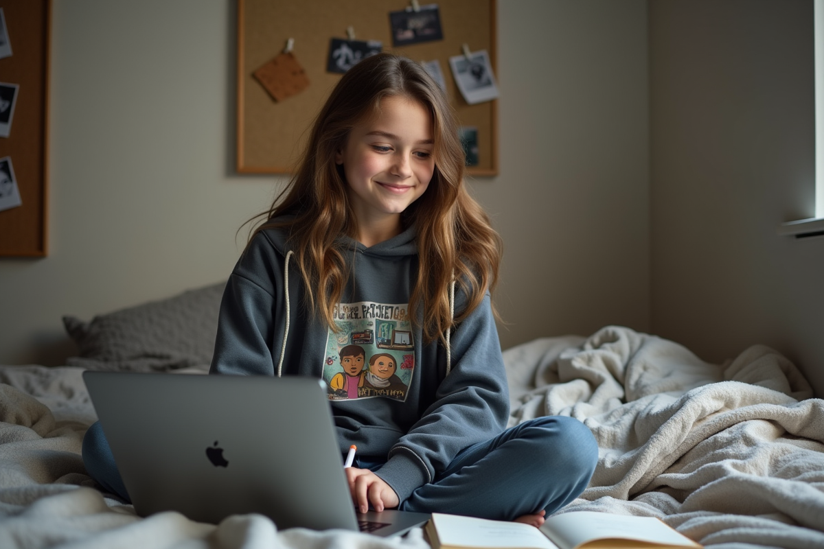 Jeune fille regardant son ordinateur dans sa chambre