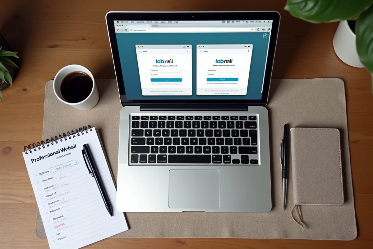 Vue aérienne d'un bureau avec un MacBook affichant des interfaces de webmail professionnel et une liste de comparaison