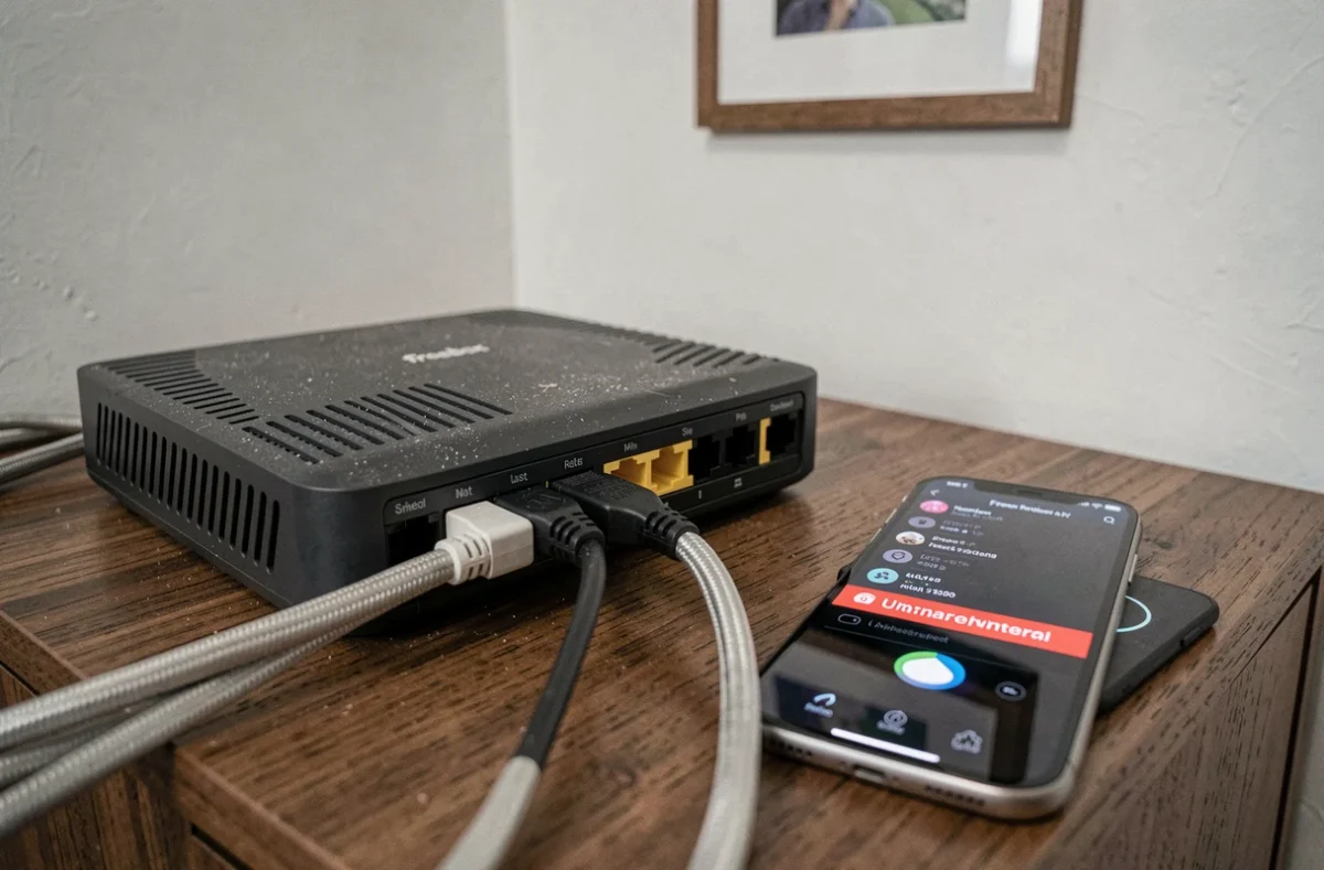 Gros plan sur une Freebox Revolution et un smartphone affichant un appareil inconnu détecté sur le réseau Wi-Fi domestique
