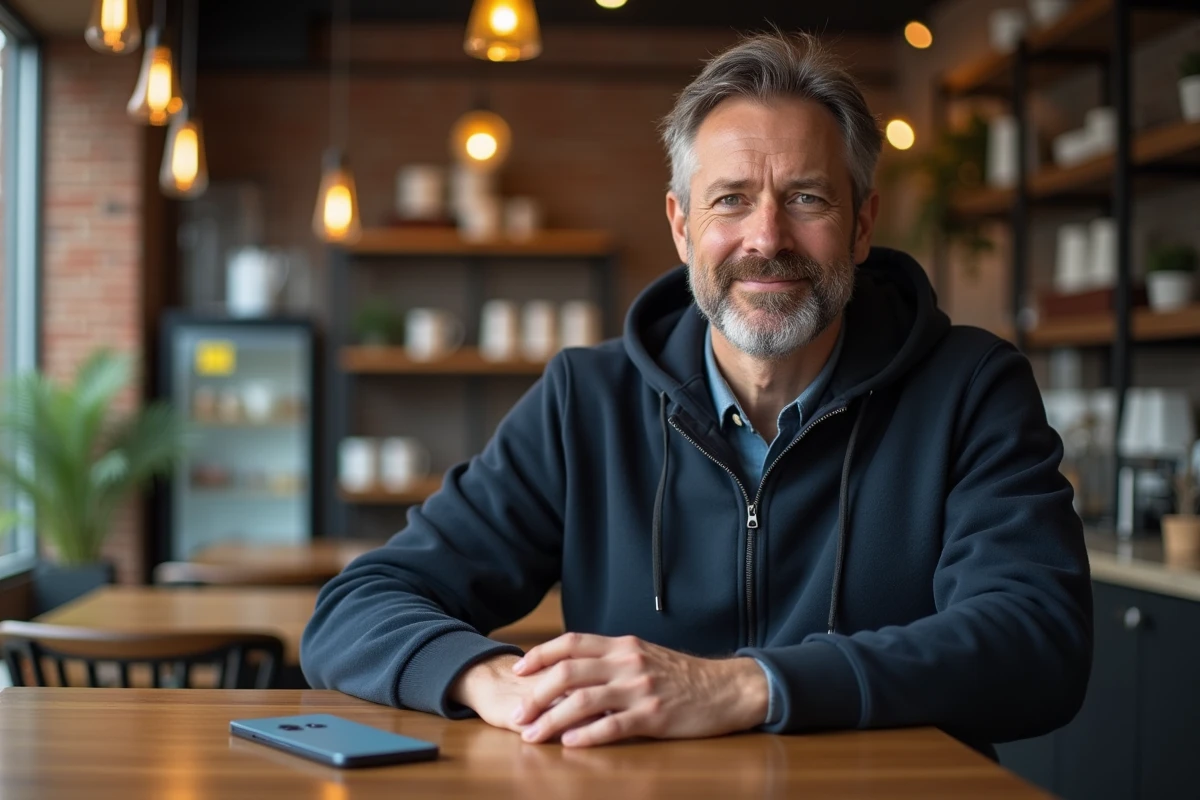 Homme gérant les applications et le stockage de son Google Pixel 8a dans un café urbain contemporain
