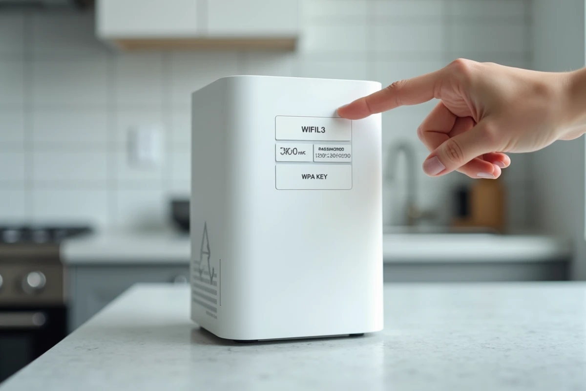 Gros plan sur l'étiquette d'une box internet montrant la clé de sécurité réseau WPA