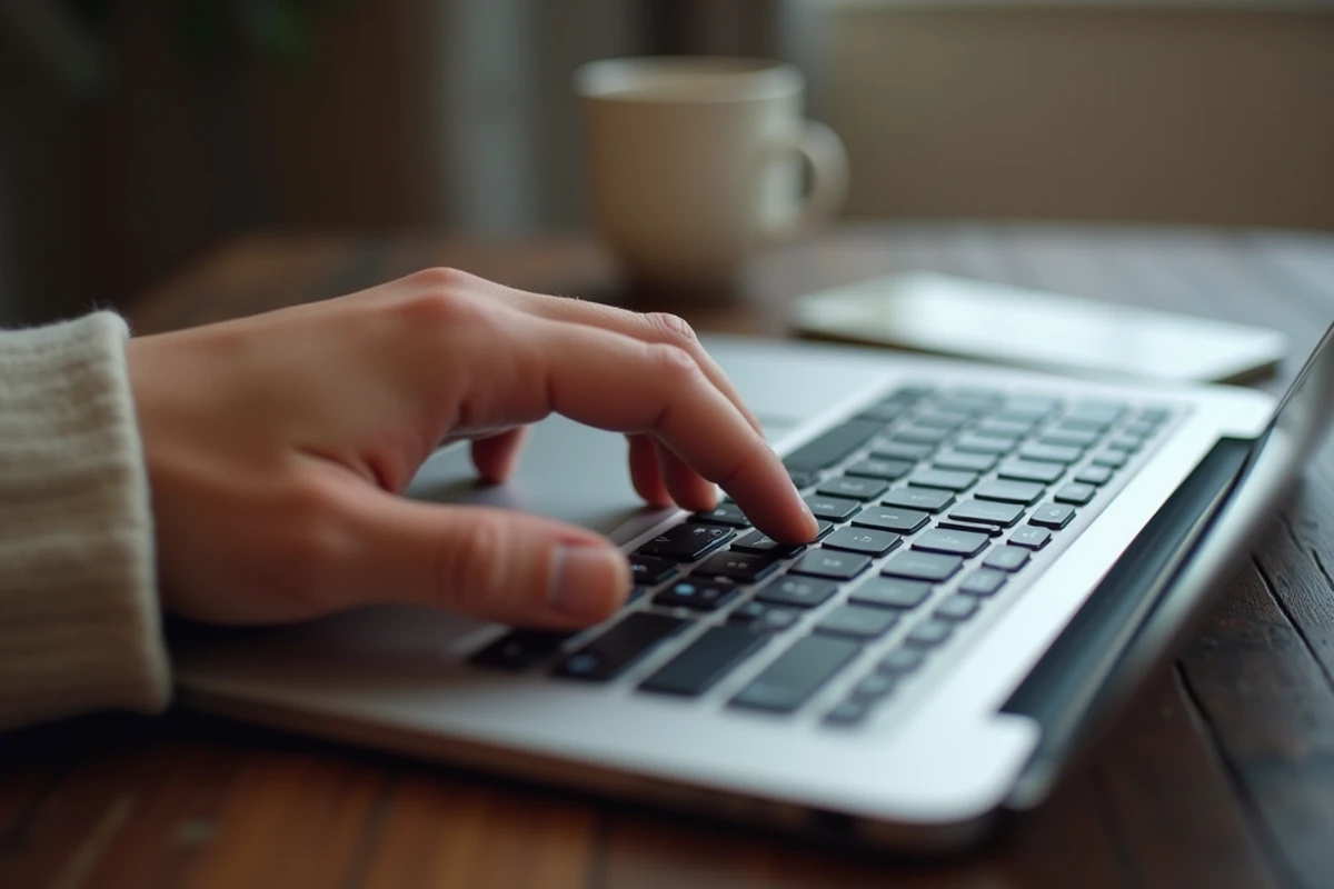 Gros plan sur la touche Shift du clavier MacBook appuyée par un doigt adulte sur un bureau en bois
