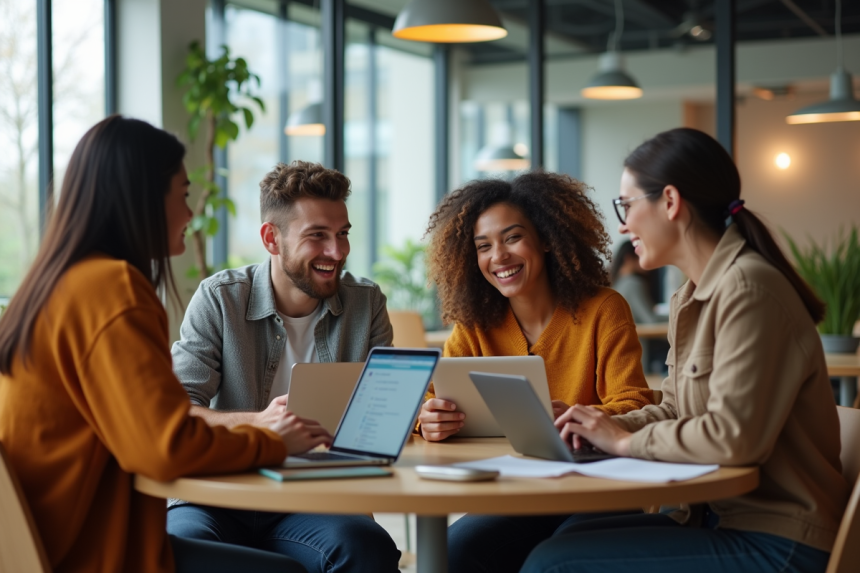 Groupe de jeunes adultes en coworking collaborant