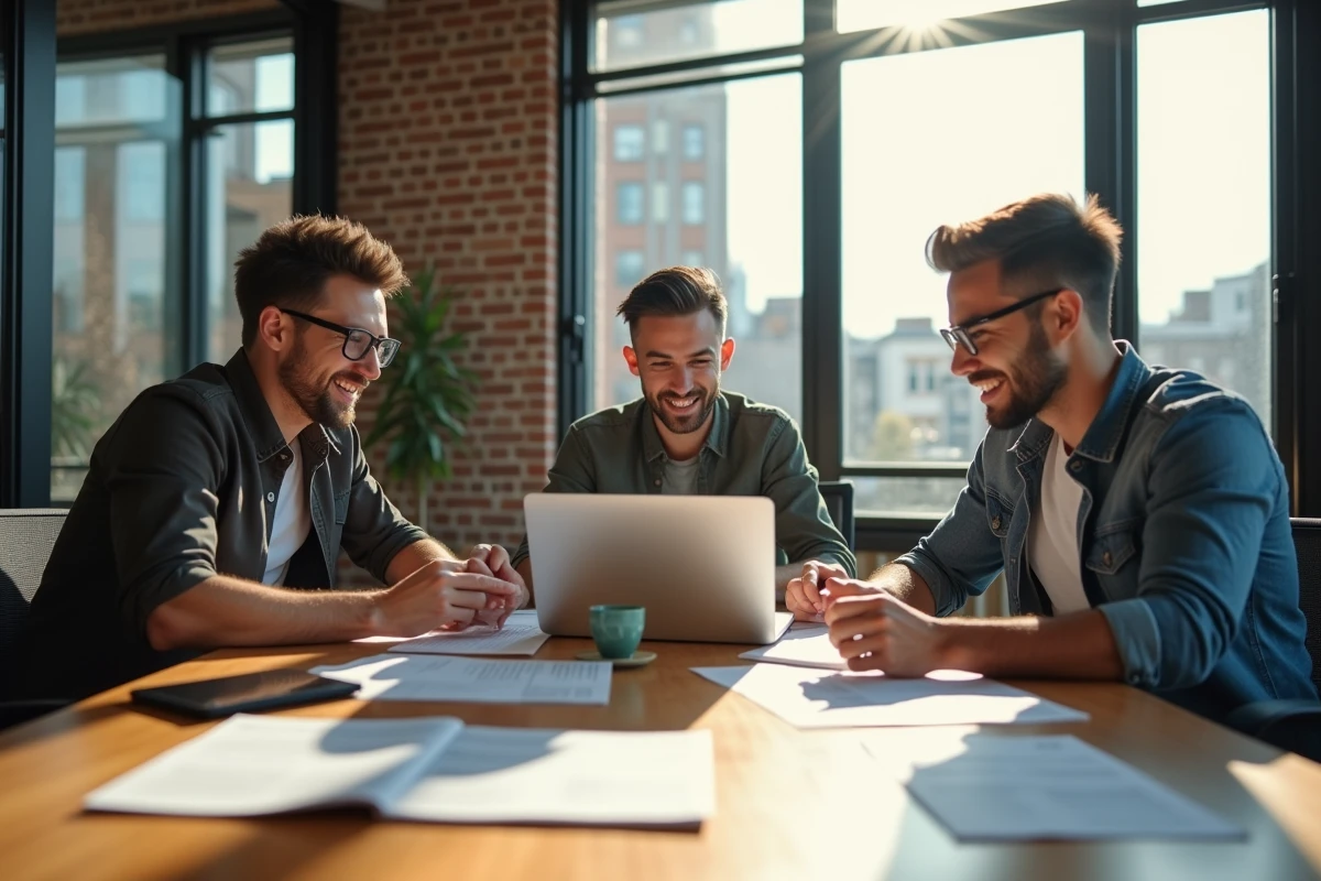 Groupe de trois adultes discutant autour d une table de coworking