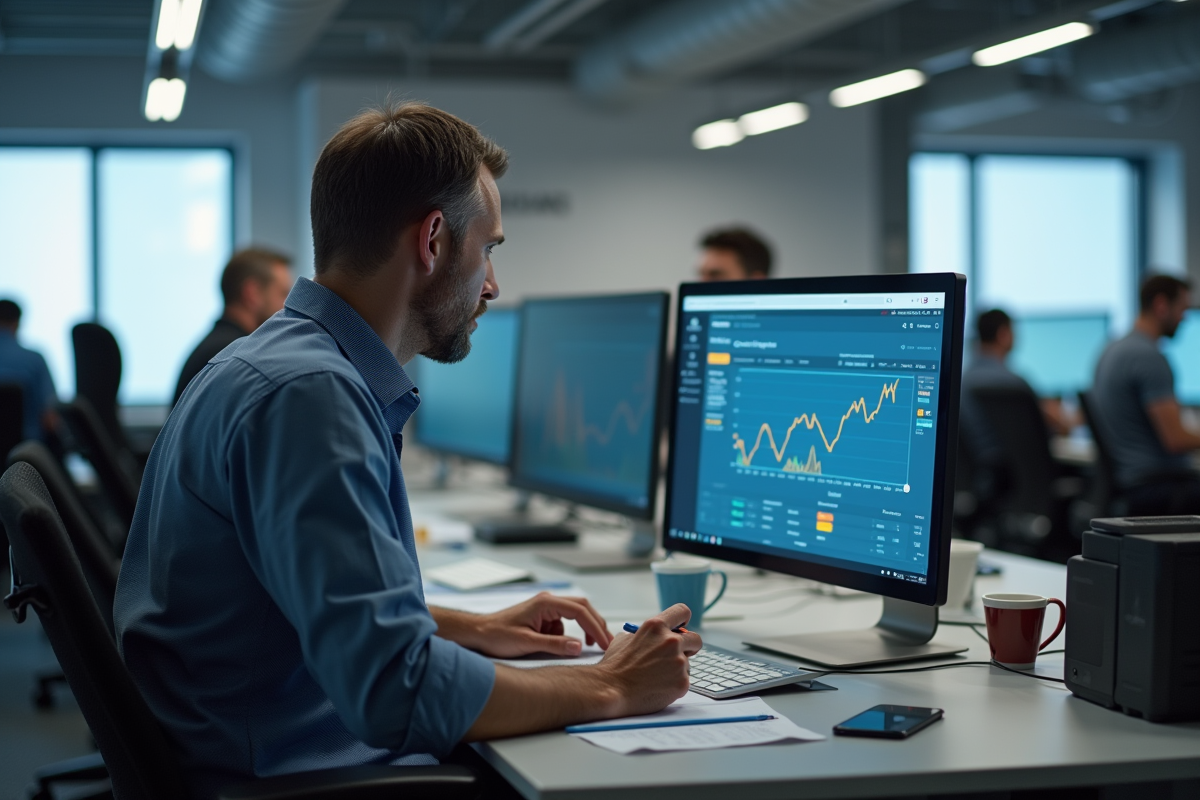 Homme d age moyen prenant des notes devant un écran d analytics