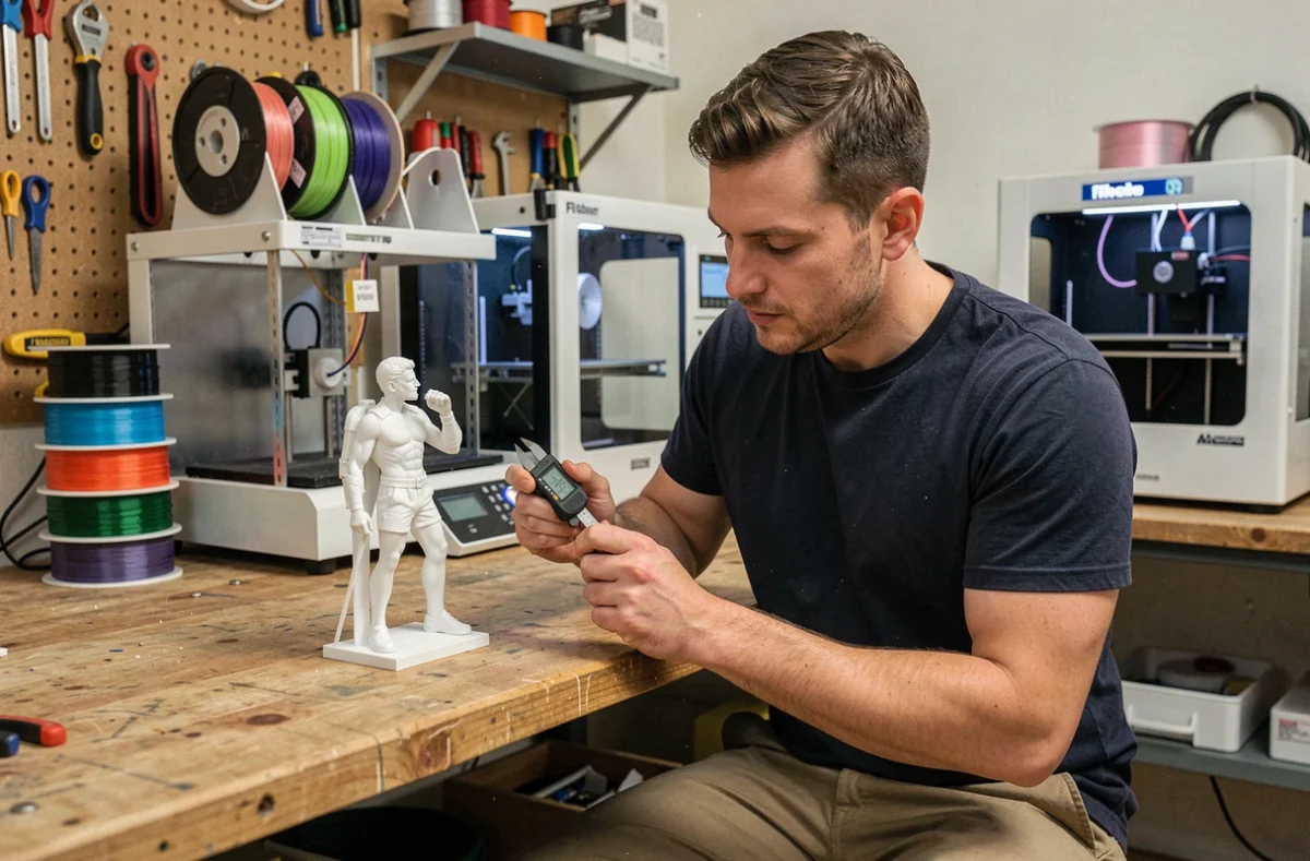 Homme examinant une pièce imprimée en 3D avec un pied à coulisse dans un atelier maker