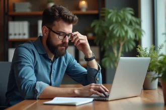Homme concentré devant un ordinateur avec erreur 404