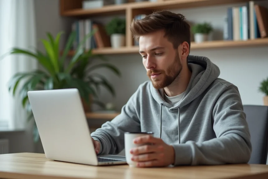 Homme en sweat gris consultant les dernières actualités PC sur un ordinateur portable dans un bureau à domicile