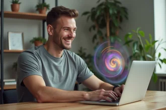 Homme souriant devant un ordinateur portable affichant l'easter egg Do a Barrel Roll de Google