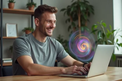 Homme souriant devant un ordinateur portable affichant l'easter egg Do a Barrel Roll de Google