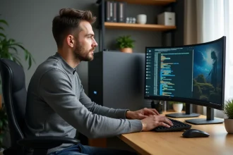 Homme concentré devant son ordinateur gaming en bureau moderne