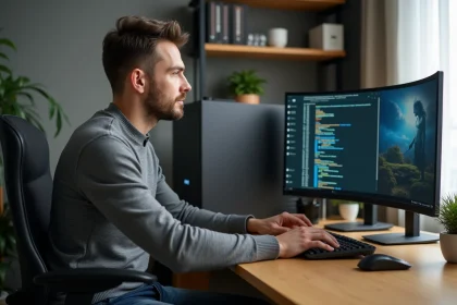 Homme concentr&eacute; devant son ordinateur gaming en bureau moderne