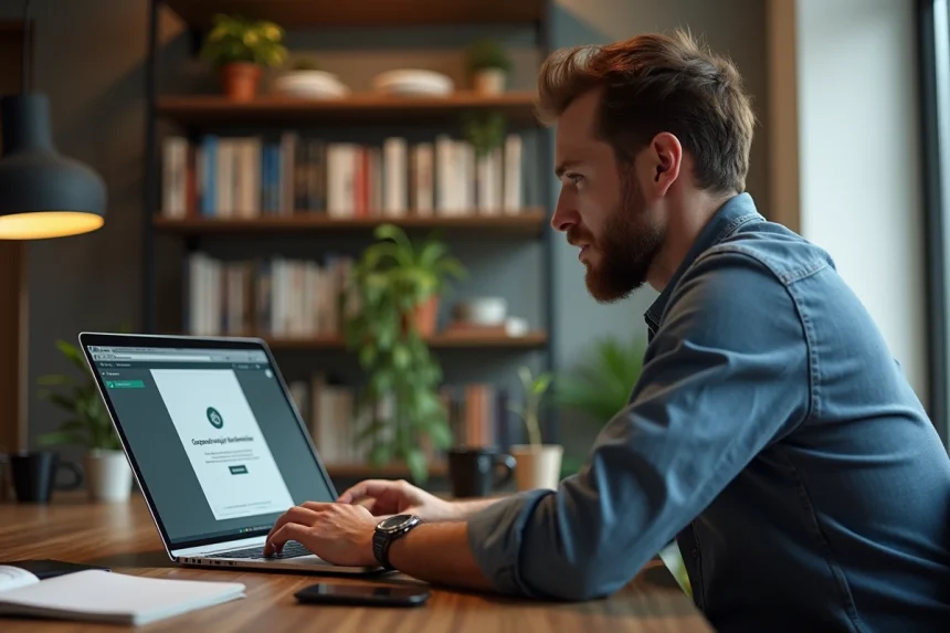 Homme concentré sur son ordinateur dans un bureau moderne