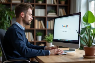 Homme en bureau moderne utilisant un ordinateur