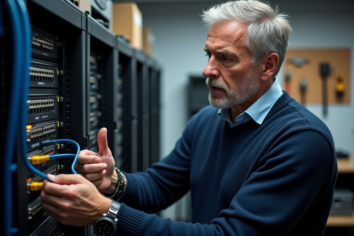 Homme connecte des cables Ethernet dans un laboratoire réseau
