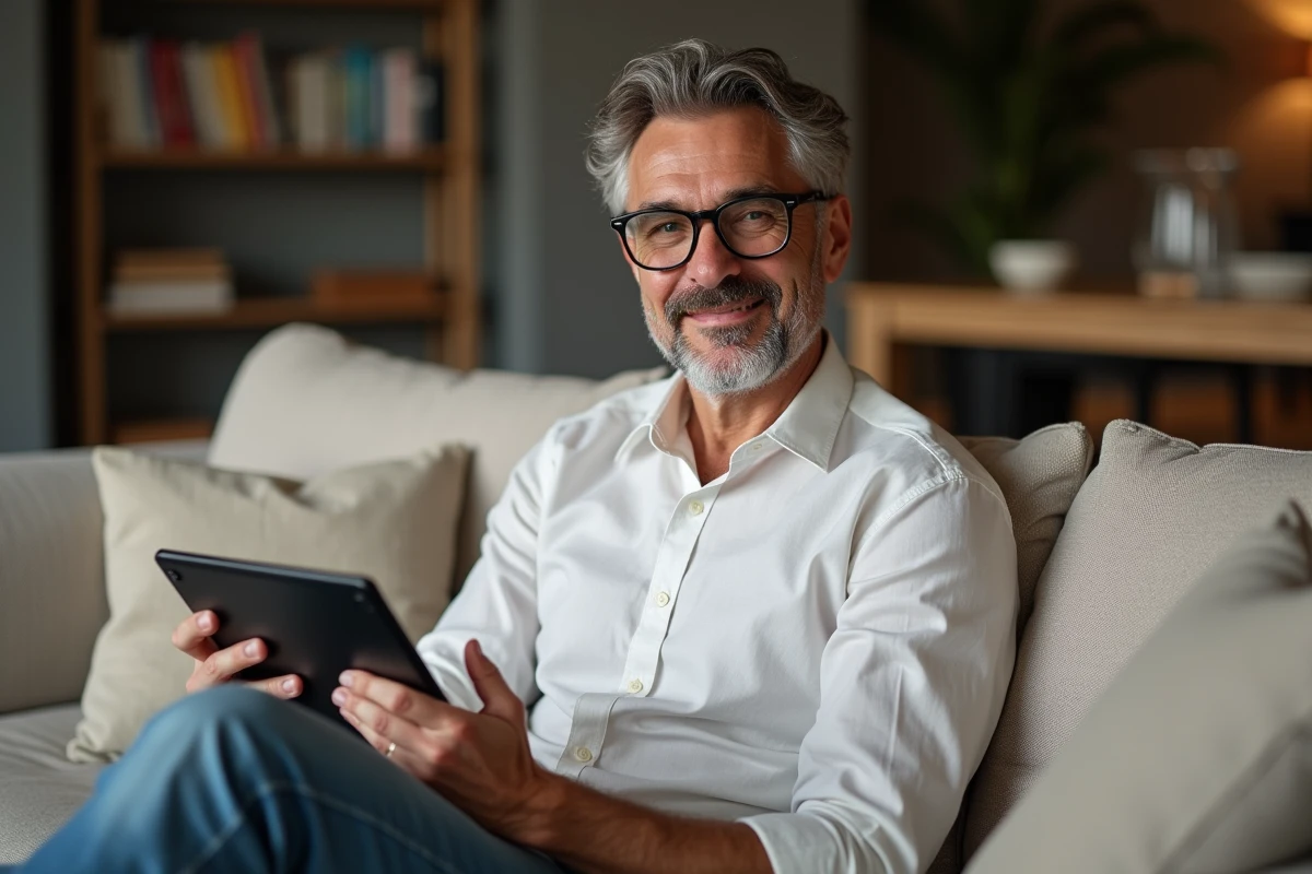 Homme d'une quarantaine d'années consultant un agrégateur d'actualités PC sur une tablette depuis son canapé