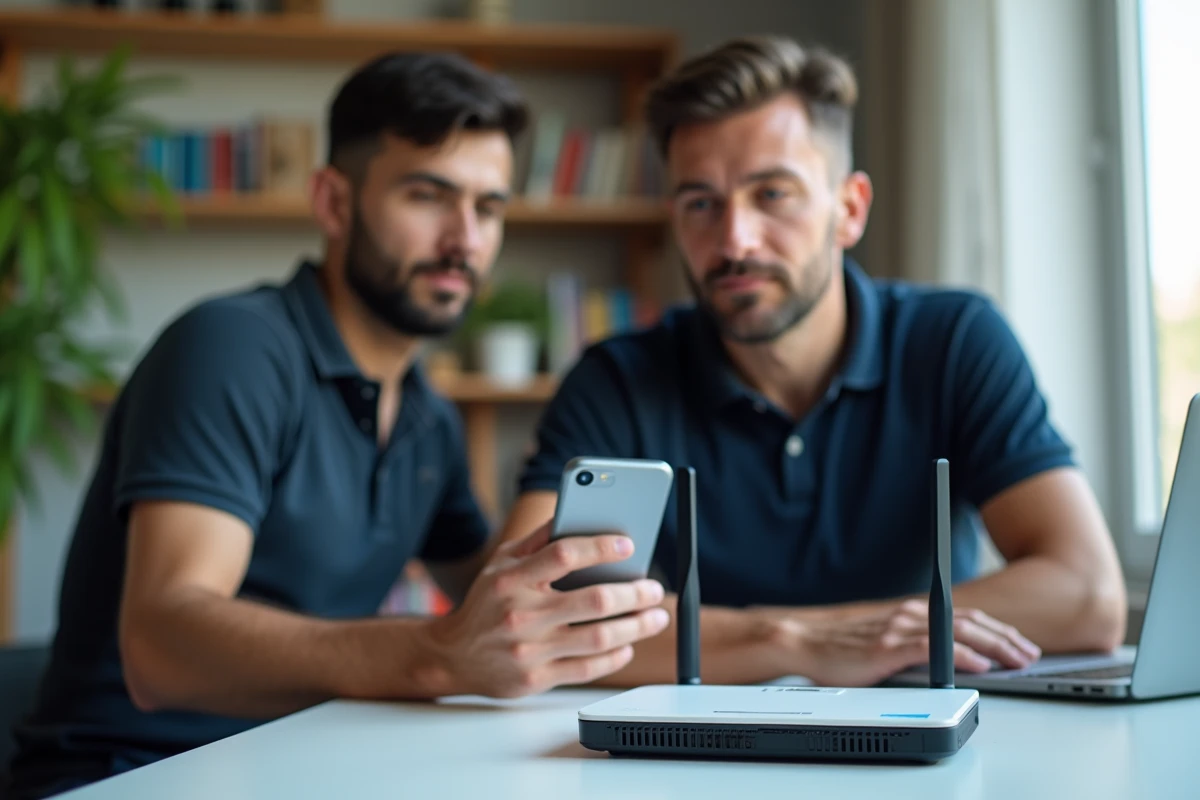 Homme consultant la clé de sécurité réseau sur sa box internet depuis son bureau à domicile