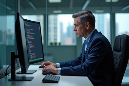Homme d'affaires en costume configurant un pare-feu au bureau