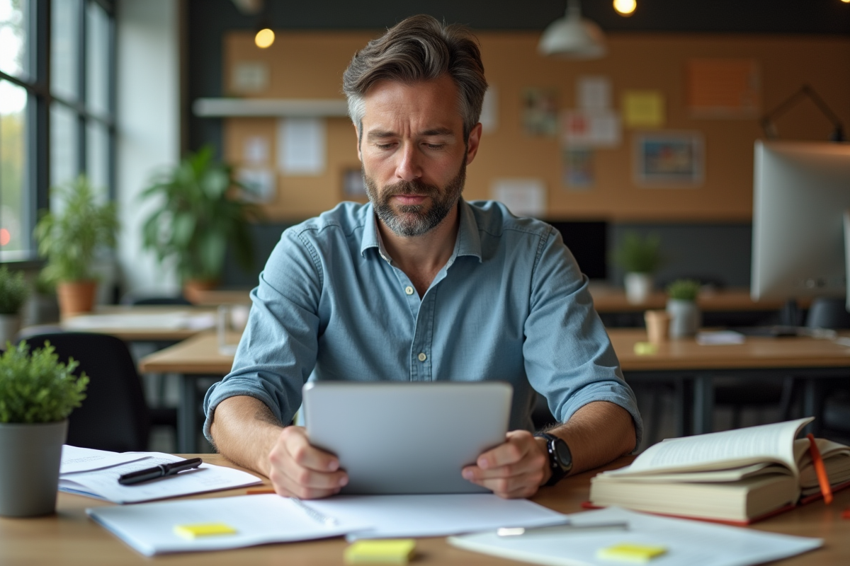 Homme en coworking regardant une video de formation en ligne