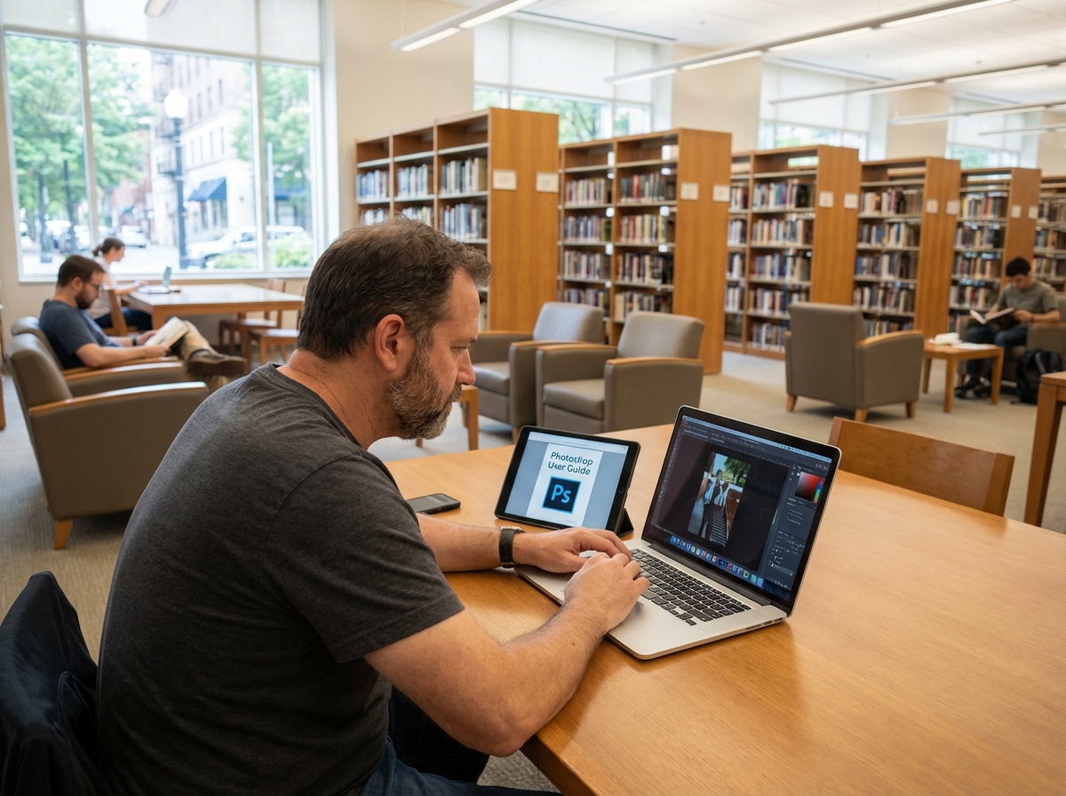 Homme en bibliothèque travaillant sur un ordinateur portable