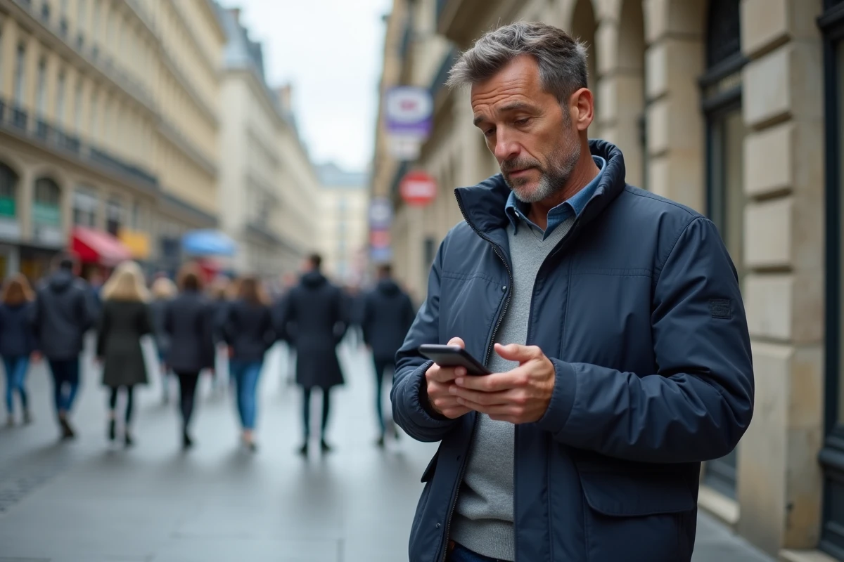 Homme lisant ses emails IONOS sur mobile dans une rue urbaine