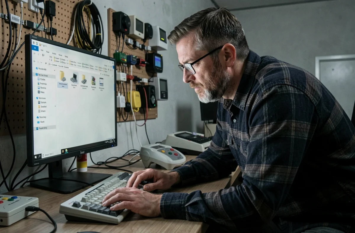 Homme barbu avec lunettes utilisant un émulateur Nintendo 64 portable depuis un explorateur de fichiers sur grand écran dans un espace de travail technique rétro