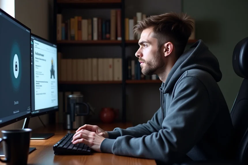 Jeune homme frustré face à un message d'erreur Discord sur un écran d'ordinateur dans un bureau à domicile