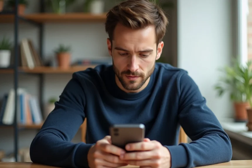 Homme évaluant un nouvel iPhone 14 à son bureau à domicile, réflexion sur l'achat d'un smartphone