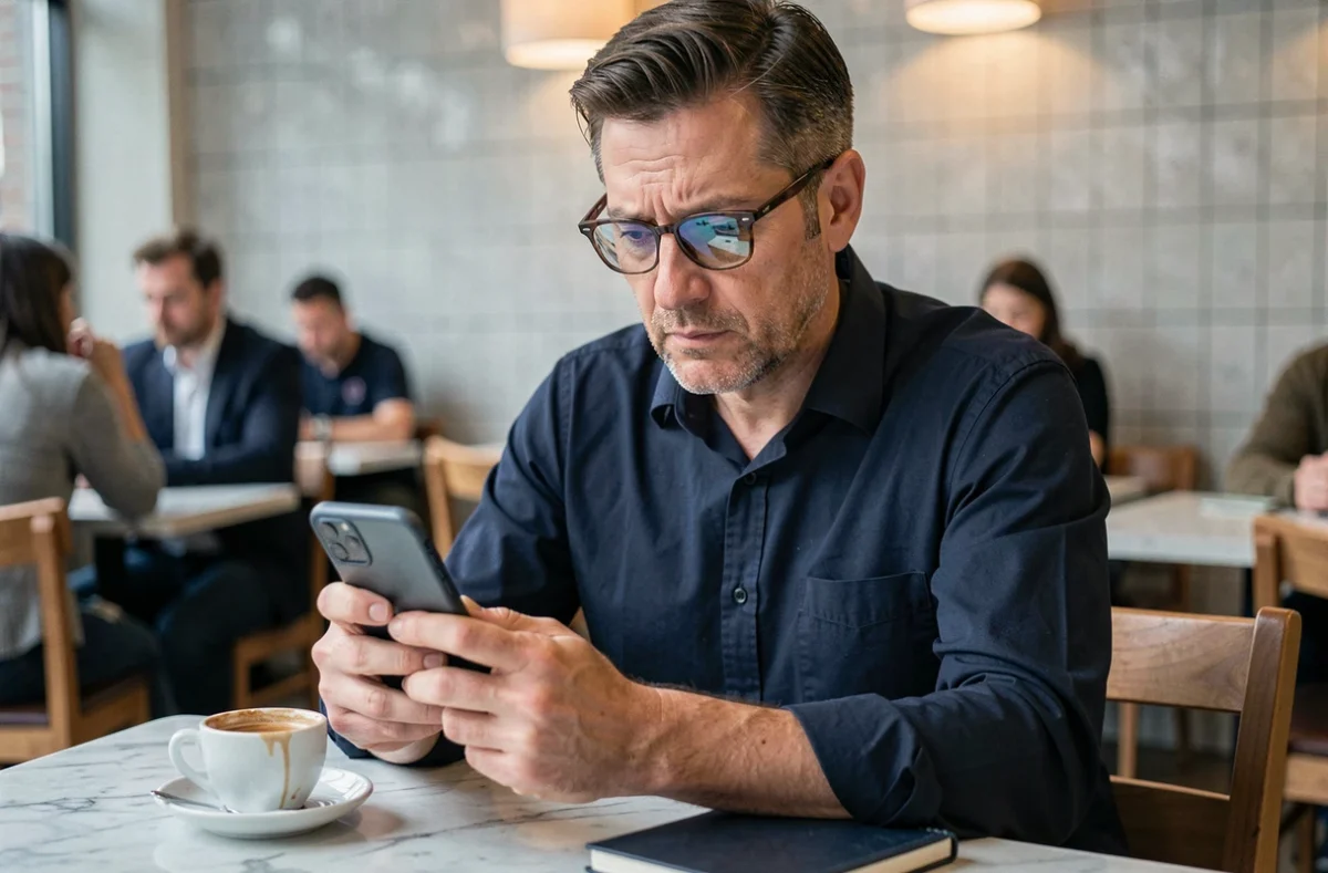Homme évaluant des critères de sécurité sur son smartphone dans un café urbain