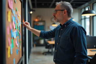 Homme regardant un tableau de codes colorés dans un bureau