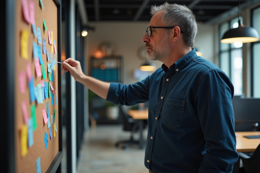 Homme regardant un tableau de codes colorés dans un bureau