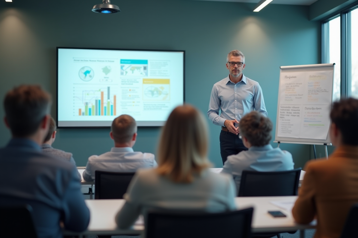 Homme expliquant des concepts SEO à un groupe en réunion