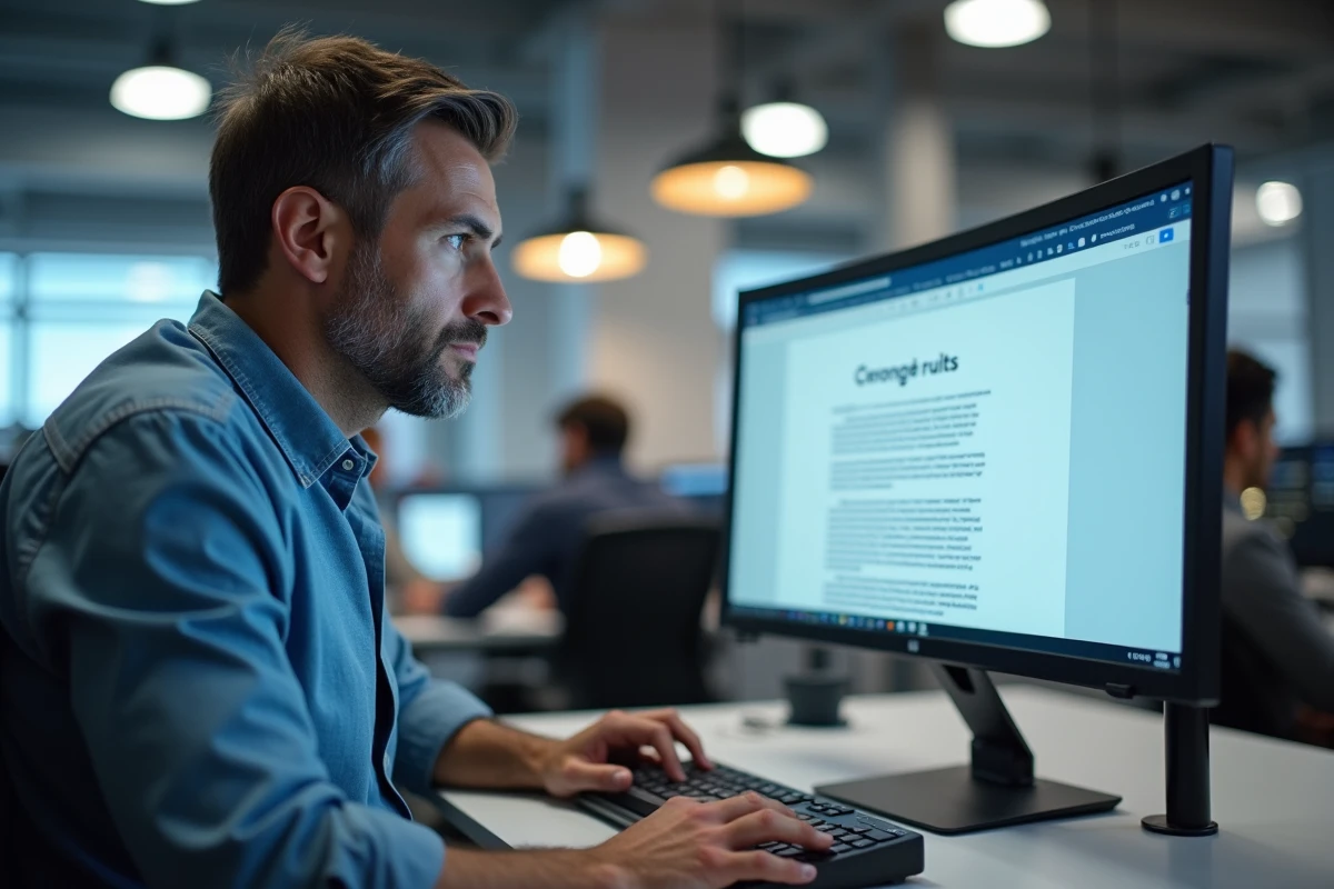 Homme en bureau professionnel consultant un document Google Docs avec des caractères accentués français