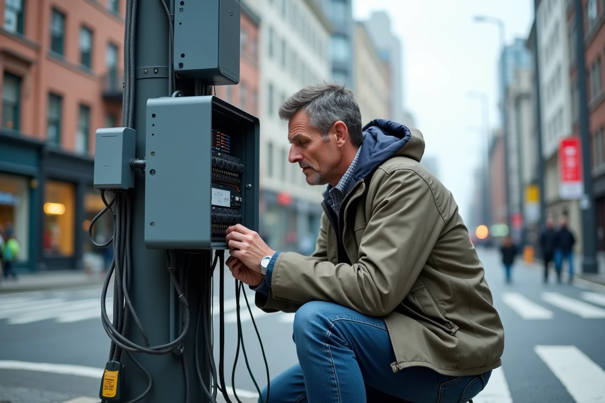 Homme vérifiant un serveur edge en extérieur urbain